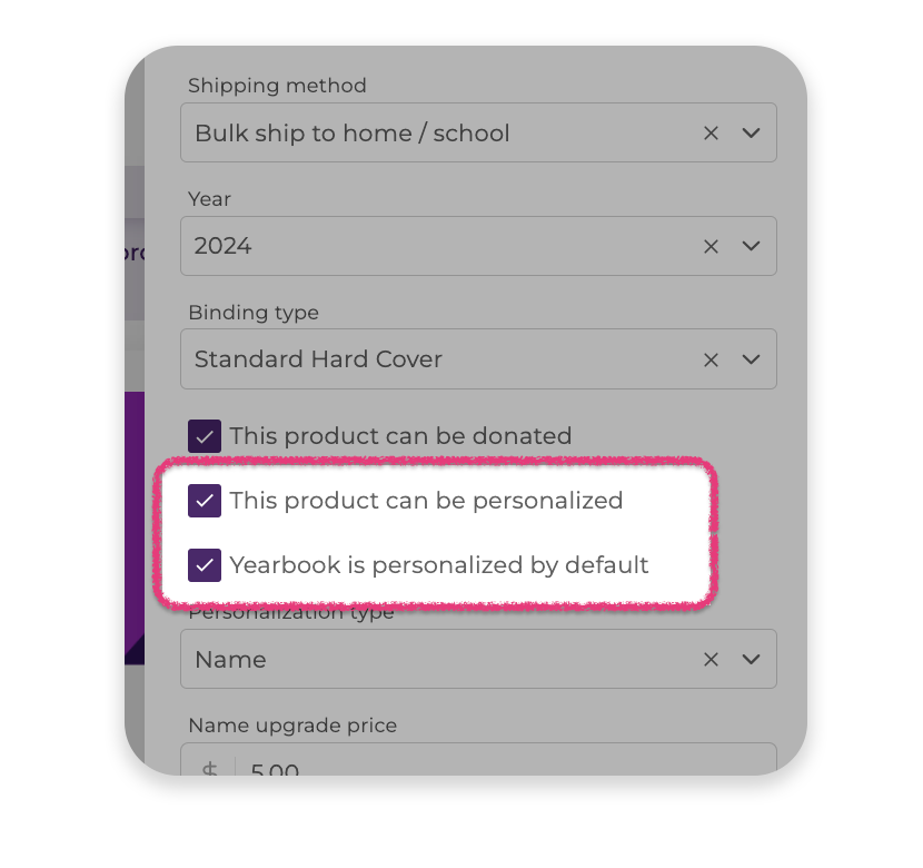personalization option checkboxes